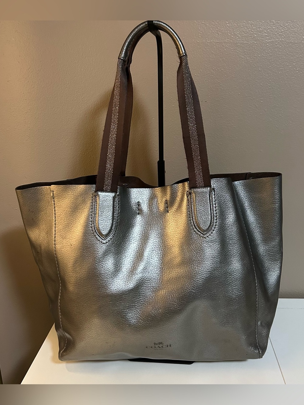 Coach Silver Metallic Leather Derby Tote Shoulder Bag Large F59388